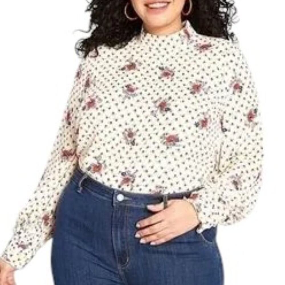 NEW MODCLOTH A Grace Of One's Own Retro Chiffon Blouse Ivory Floral Dot SZ 2X